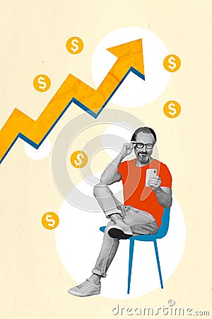 Creative banner poster collage of successful economist man follow start up financial progress look charts up rich Stock Photo