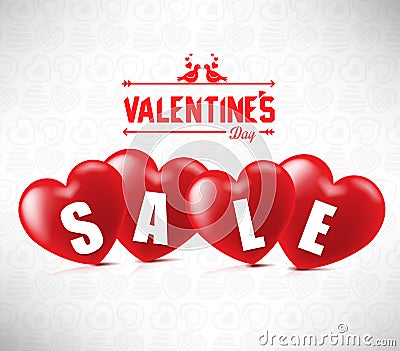 Creative Banner Valentines Sale With Four Red Hearts In White Vector Illustration