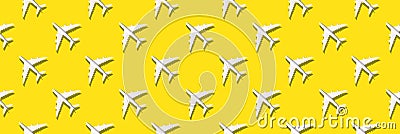 Creative banner of white planes on yellow background. Travel, vacation concept. Travel, vacation ban. Flights cancelled and Stock Photo