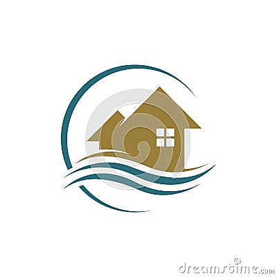 Creative Beach house logo design vector. Roof house beach wave on the sunny day summer template illustration Vector Illustration