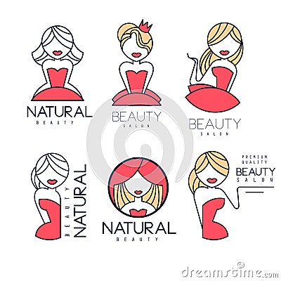 Creative beauty salon emblems in linear style. Geometric logos with gentle women silhouettes and text. Vector labels for Vector Illustration