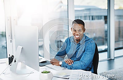 Creative, black businessman and portrait in office with computer for interior designing with construction company for Stock Photo