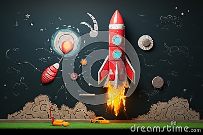 Creative blackboard childrens drawings and a charming toy rocket Stock Photo