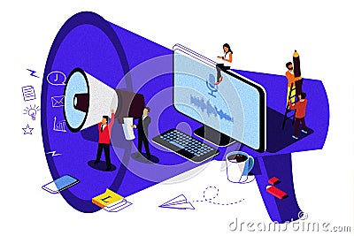 Creative Blogging isometric illustration concept, people learning about creative blogging or copywriting can use for web page, Cartoon Illustration