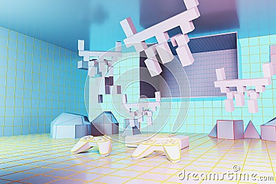 Creative blue gaming reality background with joysticks and blocks. HUD, tech and future concept. Stock Photo