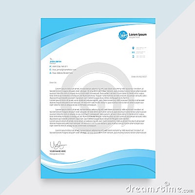 Creative blue wave business letterhead template design Vector Illustration