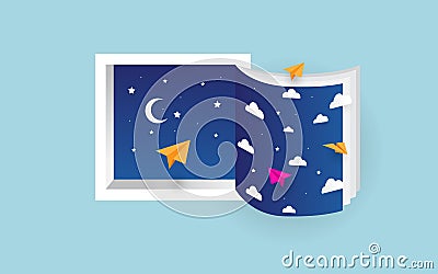 Creative book and window with night sky Vector Illustration