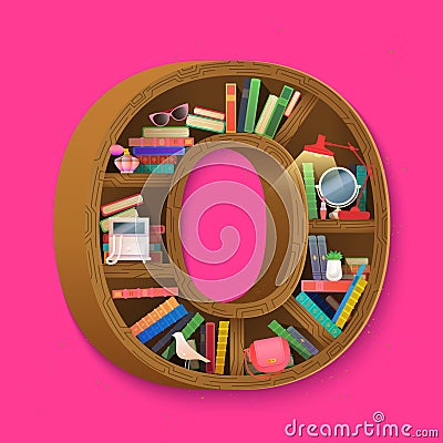 Creative books print on bookshelf in isometry style. Colorful books and woman things. Vector Illustration