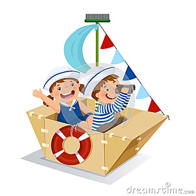 Creative boy and girl playing sailor with cardboard ship Vector Illustration