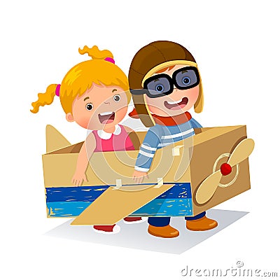 Creative boy playing as a pilot with cardboard airplane Vector Illustration