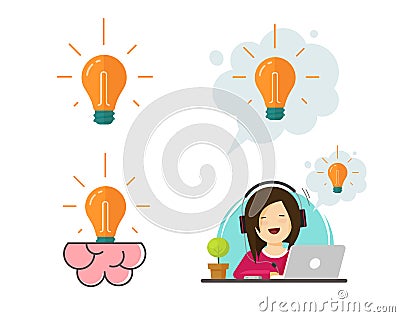 Creative brain idea lightbulb vector concept with woman person inspiration thinking or innovation solution bulb icon as invention Vector Illustration