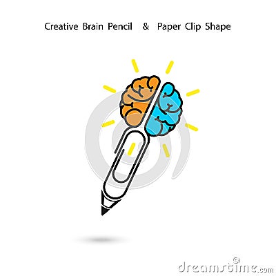 Creative brain pencil logo design,Paper clip sign.Concept of ide Vector Illustration