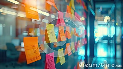 A creative brainstorming session for career rethinking with post-it notes on a glass wall Stock Photo