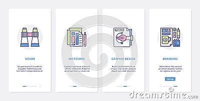 Creative branding graphic design service UX, UI onboarding mobile app page screen set Vector Illustration
