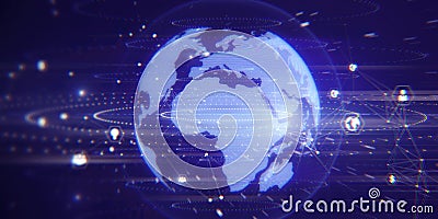 Creative bright globe interface with various business icons and connections on blurry wallpaper. Global network and technology Stock Photo