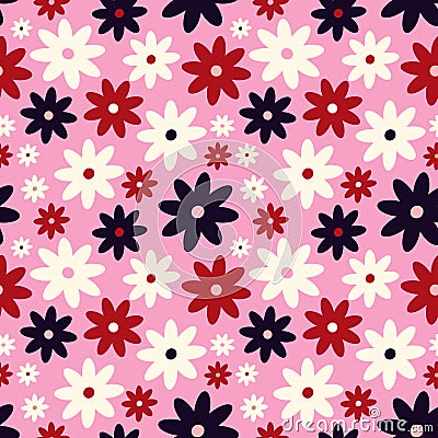 bright pink vibrant quirky Retro floral pattern in 60s in juicy colors Vector Illustration
