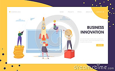 Creative Business Innovation Startup Landing Page. Marketing Character Launch Rocket to Aim. New Project Success Vector Illustration