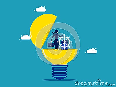 Creative business leader. businesswoman controls a steering wheel on a light bulb Vector Illustration