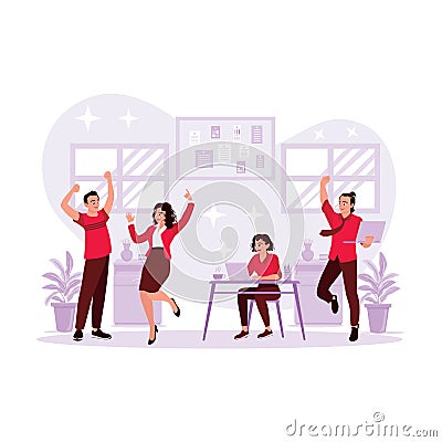 The creative business team celebrates successful project success in the office. Vector Illustration