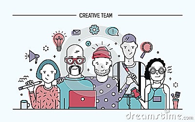 Creative business team concept. Banner with teamwork command. Young designers, girls and guys cv. Lineart colorful flat Vector Illustration