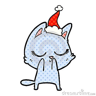 A creative calm comic book style illustration of a cat wearing santa hat Vector Illustration