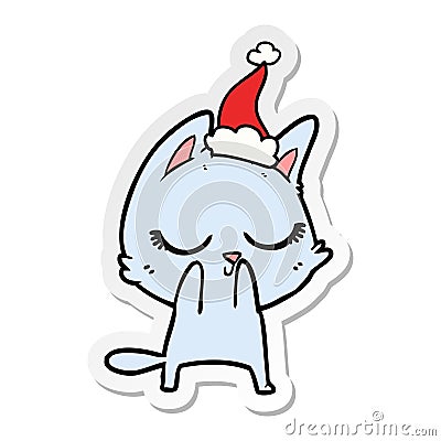 A creative calm sticker cartoon of a cat wearing santa hat Vector Illustration