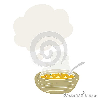 A creative cartoon bowl of hot soup and thought bubble in retro style Vector Illustration