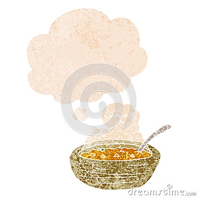 A creative cartoon bowl of hot soup and thought bubble in retro textured style Vector Illustration