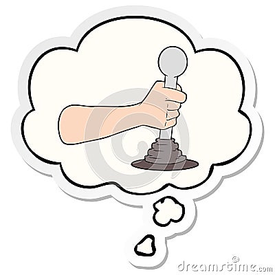 A creative cartoon hand pulling lever and thought bubble as a printed sticker Vector Illustration