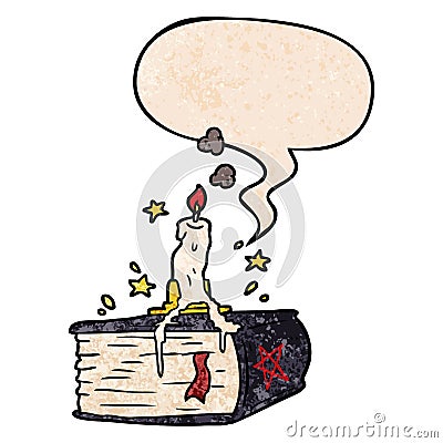 A creative cartoon spooky spellbook and dribbling candle and speech bubble in retro texture style Vector Illustration