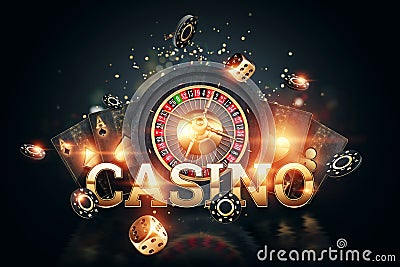 Creative casino background, inscription casino in gold letters playing cards roulette on a dark background. Flyer. Gambling Cartoon Illustration