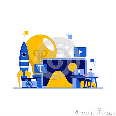 Creative center concept with character. Company department, advertising agents. Teamwork, idea generation, social media Stock Photo