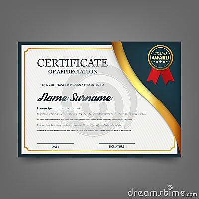 Creative certificate of appreciation award template. Certificate template design with best award symbol and blue and golden shapes Vector Illustration