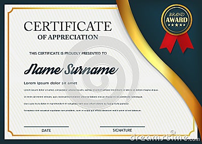 Creative certificate of appreciation award template. Certificate template design with best award symbol and blue and golden shapes Vector Illustration