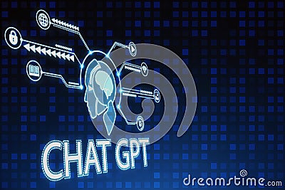 Creative chat GPT hologram with robot head and various icons on blurry backdrop. Chatgpt and bot computer. Stock Photo