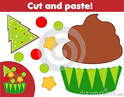 Creative children educational game. Paper cut activity. Make a New Year, Christmas cupcake with glue and scissors Vector Illustration