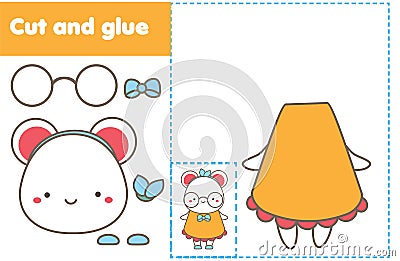 Creative children educational game. Paper cut and paste activity. Make a cute mouse animal with glue and scissors Vector Illustration