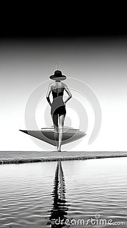 Black and white photo of amazing yacht boat dock landscape view with beautiful back view of model lady. generative ai Stock Photo