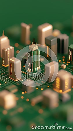 Cityscape embedded with circuit board patterns symbolizing digital connectivity Stock Photo