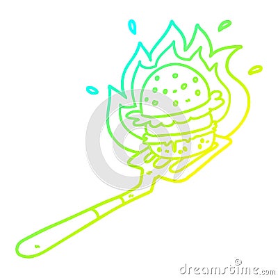 A creative cold gradient line drawing cartoon flaming burger on spatula Vector Illustration