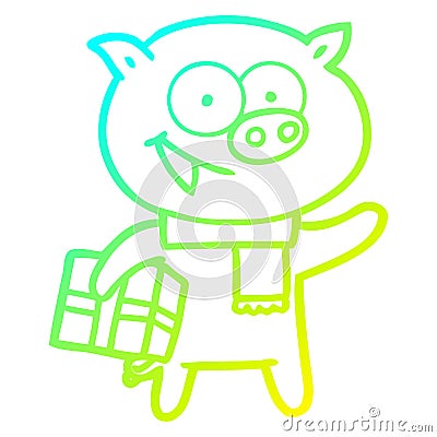 A creative cold gradient line drawing cheerful pig with christmas gift Vector Illustration