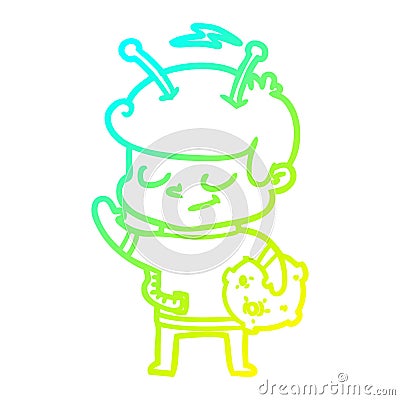 A creative cold gradient line drawing friendly cartoon spaceman holding meteor Vector Illustration