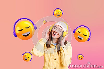 Creative collage banner young pretty young cheerful girl wear headphones music listener audio meloman song emoticon Stock Photo