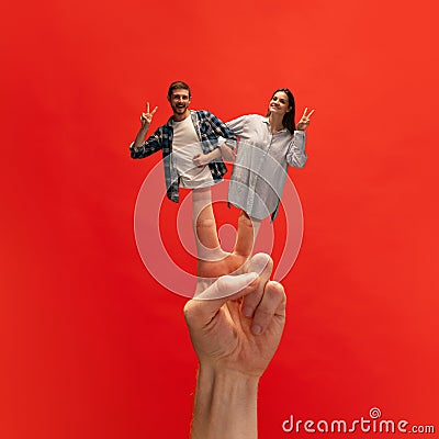 Creative collage with hands. Cheerful, smiling, happy young man and woman, friends posing with positive, delightful look Stock Photo