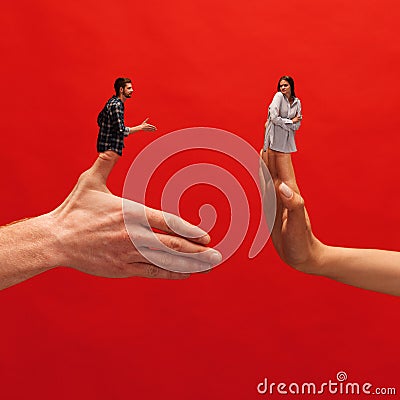 Creative collage with hands. Diversity of emotions. Man giving hand to woman with disagreed face. Doubtful look Stock Photo