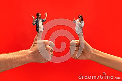 Creative collage with hands. Man and woman expressing positive, successful, happy and delightful look. Support and win Stock Photo