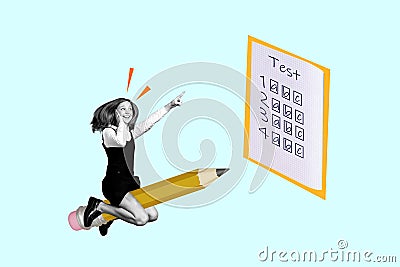 Creative collage illustration excited smile surprised school girl student show test exercise answer fly large pencil Cartoon Illustration