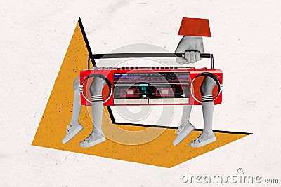 Creative collage illustration woman legs caricature walking boombox music audio stereo player weekend party relax Cartoon Illustration