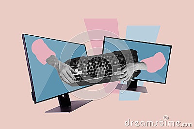Creative collage image computer screen monitor keyboard typing digital device gadget hands body fragment drawing Stock Photo