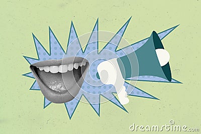 Creative collage image of human mouth toothy smile speak megaphone loudspeaker isolated on painted background Stock Photo